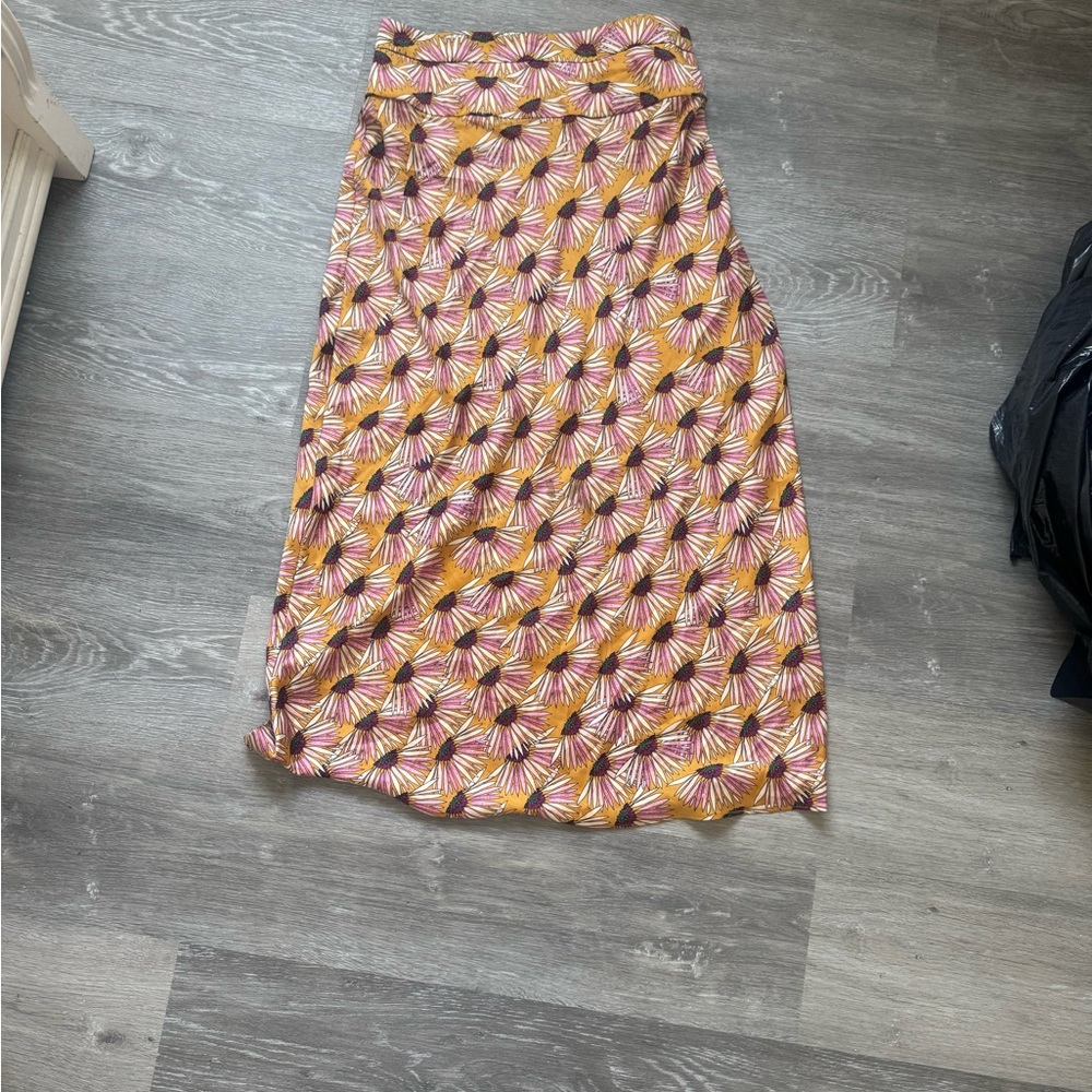 Free People Midi Skirt in Mustard and Pink Fan Print